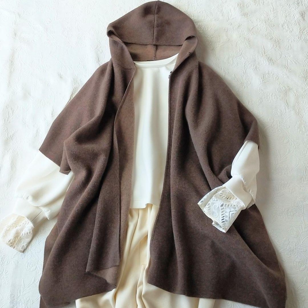 美品　レリアン　カシミヤ100％　フォックスファー　フード　ポンチョ　3Way