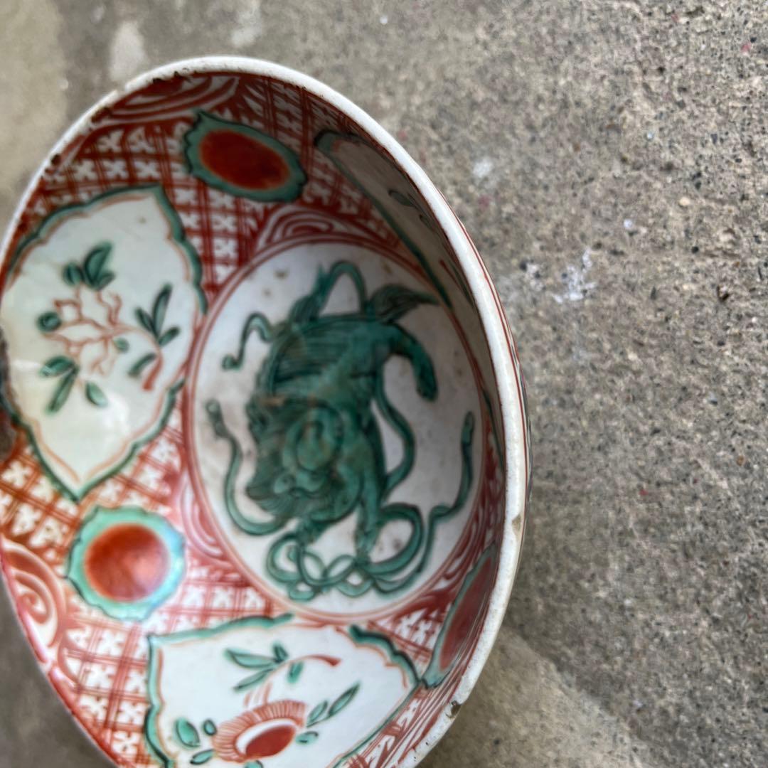 骨董 古犬山焼 赤絵 赤玉 なます皿 菓子器 獅子 中深鉢 江戸