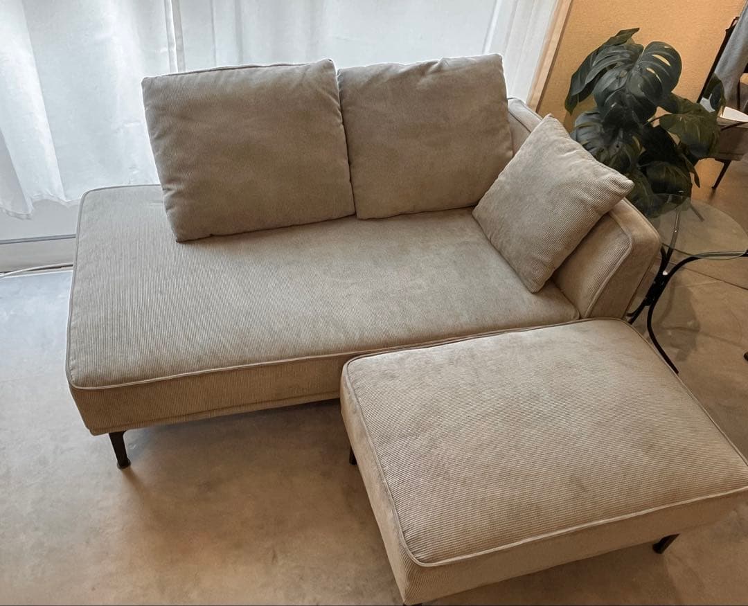 モダン コーデュロイ カウチソファ +オットマン (グレー コーデュロイ生地 コンパクトカウチソファ／カラー：ライトグレー