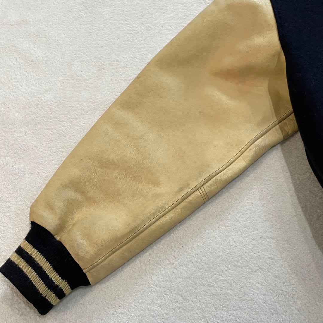 ヴァンヂャケット　スタジャン　レザー袖　ウールボディ　ネイビー×アイボリー　L