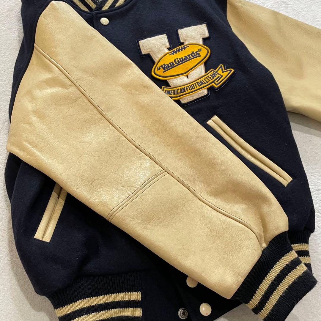 ヴァンヂャケット　スタジャン　レザー袖　ウールボディ　ネイビー×アイボリー　L