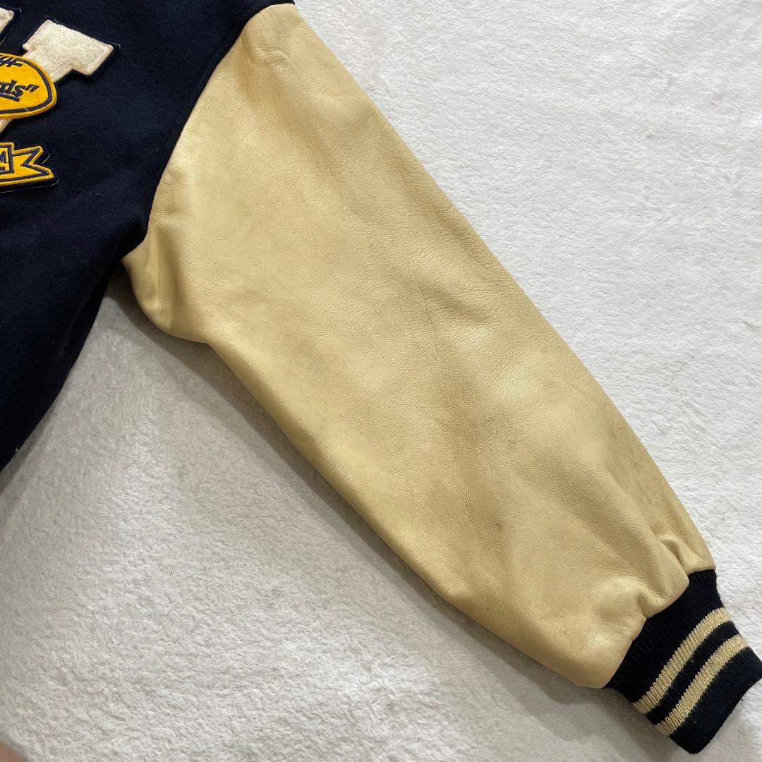 ヴァンヂャケット　スタジャン　レザー袖　ウールボディ　ネイビー×アイボリー　L