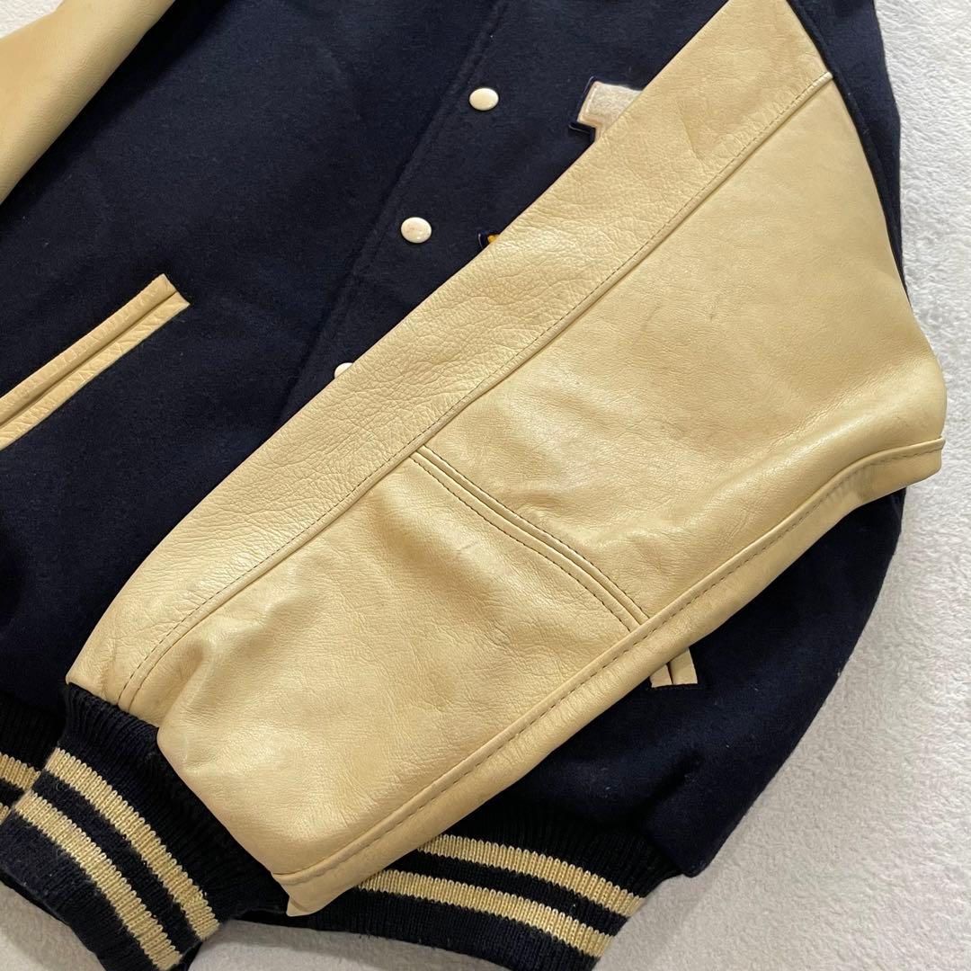 ヴァンヂャケット　スタジャン　レザー袖　ウールボディ　ネイビー×アイボリー　L