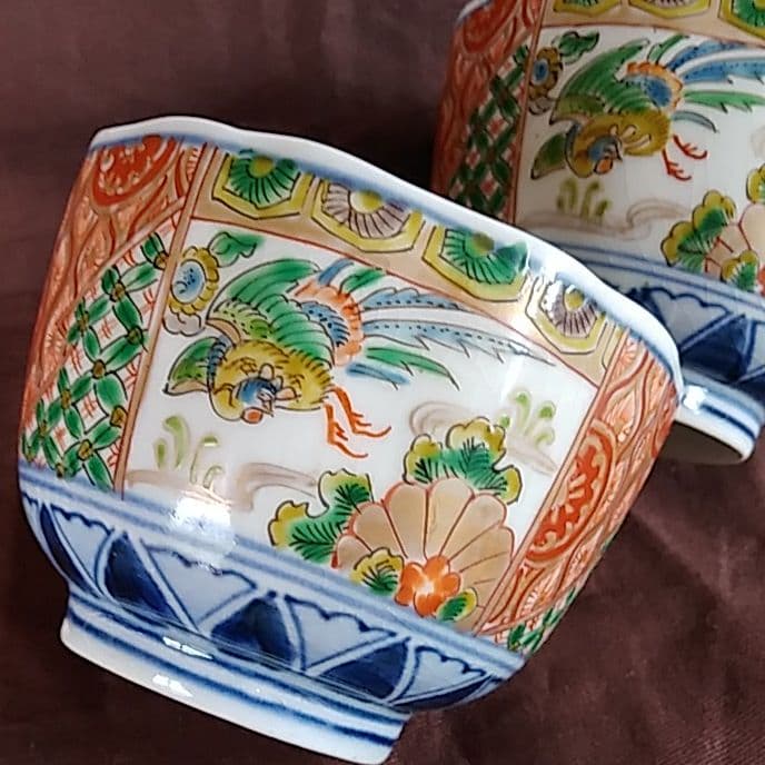 古伊万里 金彩 色絵 飛鳥唐文 輪花 蕎麦猪口 向付 2客セット