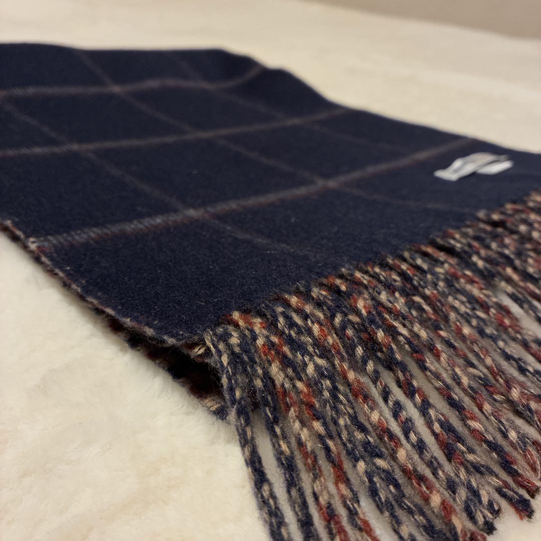 美品 ジョンストンズ カシミヤ100マフラー ネイビー×ブラウン チェック