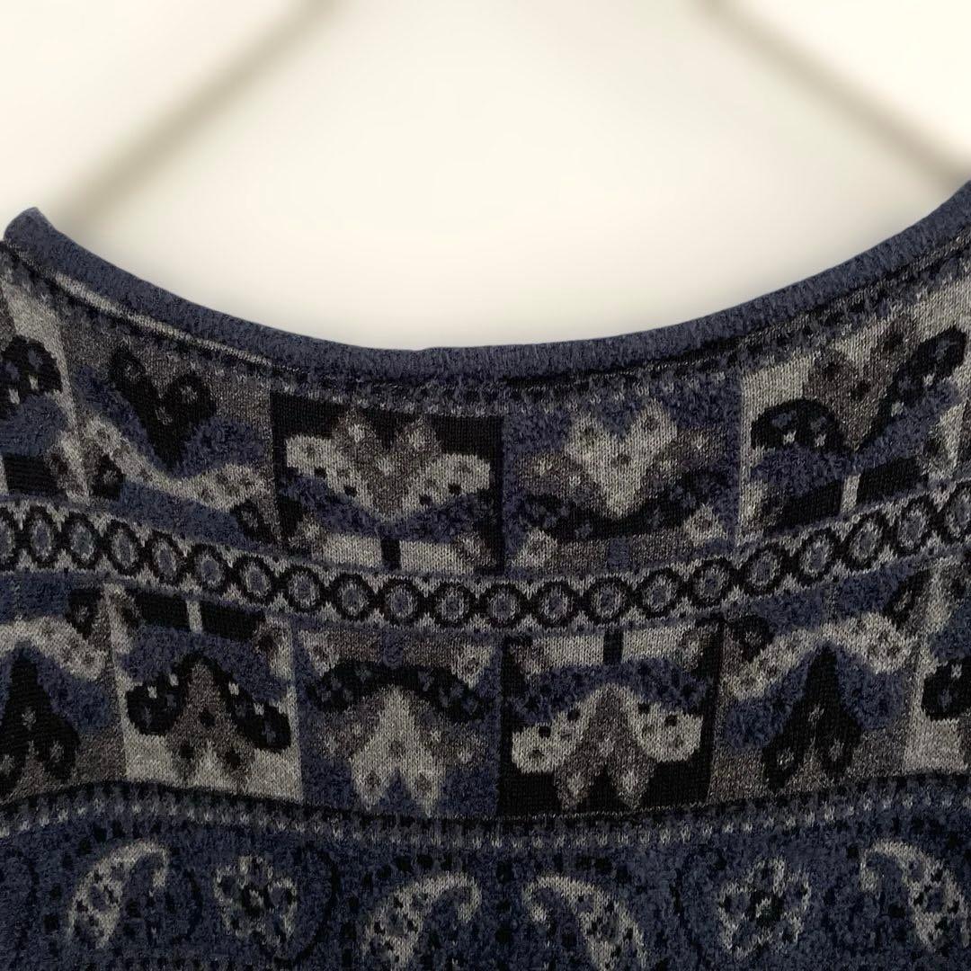 ETROエトロ ネイビー グレー 長袖ひざ丈ワンピース ニット ペイズリー 40