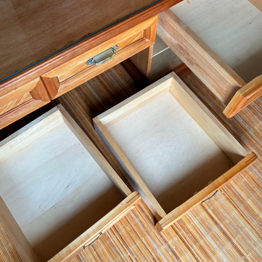 特注品【無垢材×ガラス天板】和モダン デスク ローテーブル 5杯 柿渋×蜜蝋