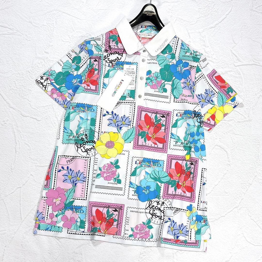 タグ付き✨近年モデル レオナール ポロシャツ トリム 花柄 切手 ロゴ刺繍 42