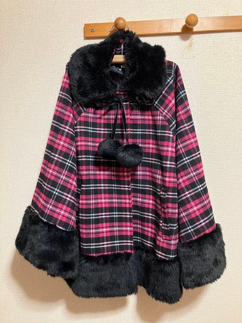 Ank Rouge アンクルージュ　ポンチョ　フェイクファー　ピンク　チェックM