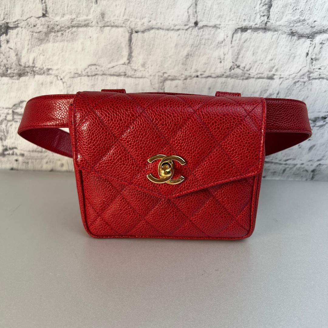 CHANEL シャネル キャビアスキン ウエストバッグ レッド A-9343