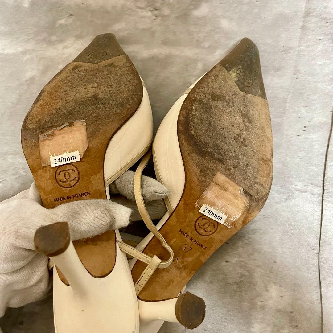 CHANEL シャネル パンプス ミュール ココマーク ホワイト ヒール 37