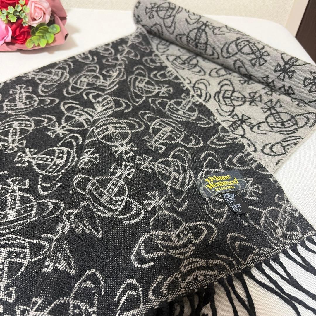 希少レア　ヴィヴィアンウエストウッド マフラー オーブ 総柄 ブラック×グレー