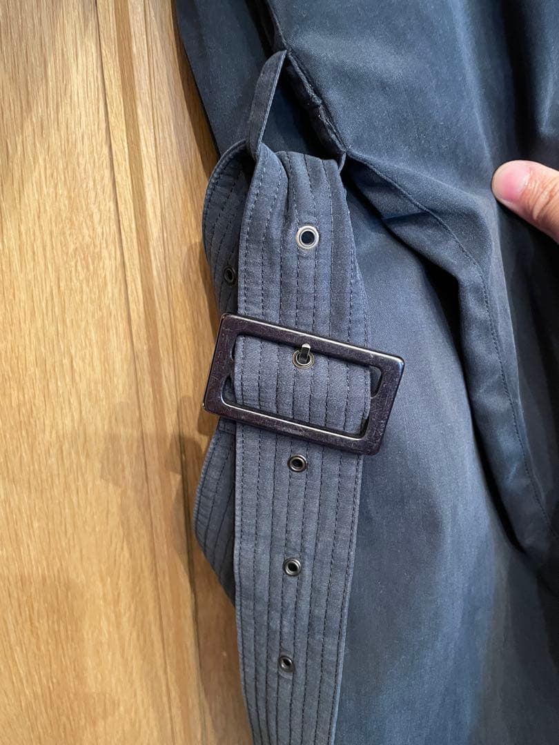 ジョルジオ・アルマーニ ネイビー ステンカラー膝丈ロングコート ウエストベルト付