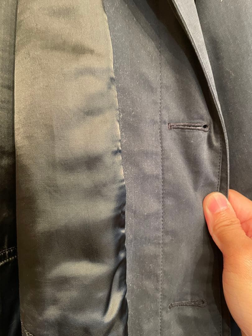 ジョルジオ・アルマーニ ネイビー ステンカラー膝丈ロングコート ウエストベルト付