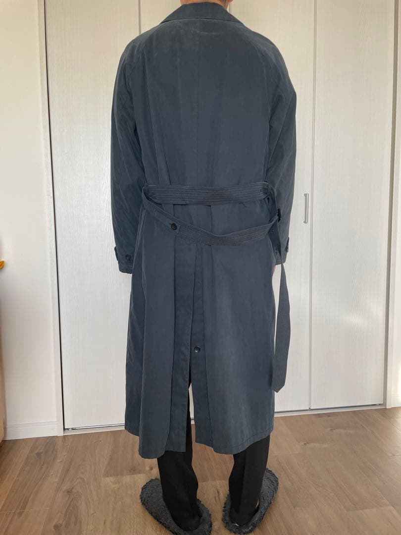 ジョルジオ・アルマーニ ネイビー ステンカラー膝丈ロングコート ウエストベルト付