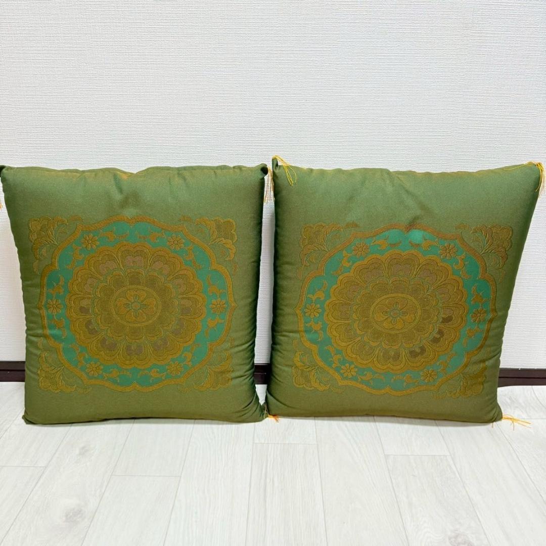 【高級金襴座布団 9枚セット】深緑×金 和風柄 法要 寺院 旅館 座布団セット