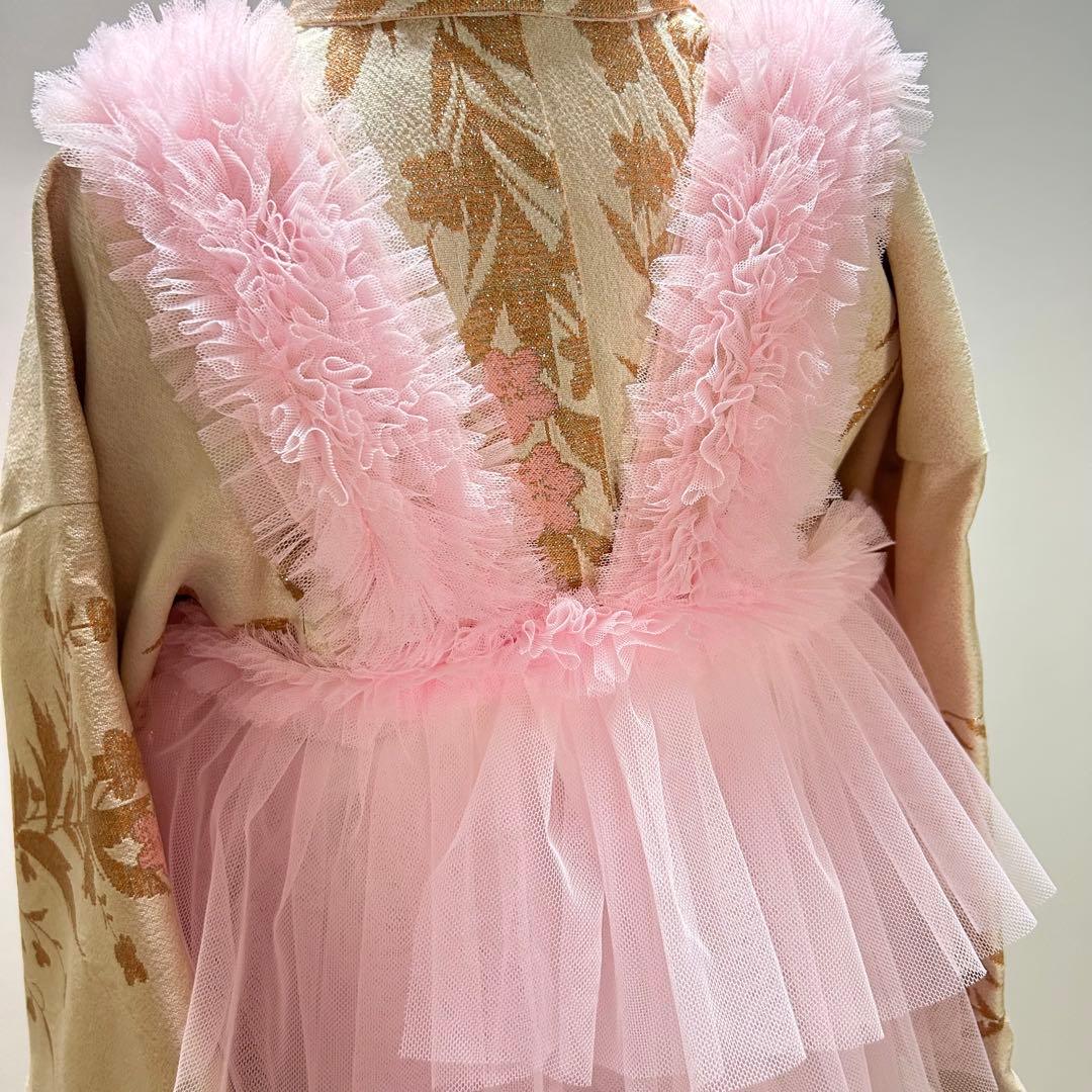 被布エプロン【ピーチピンクフリル】チュール被布　被布ドレス　七五三　チュール