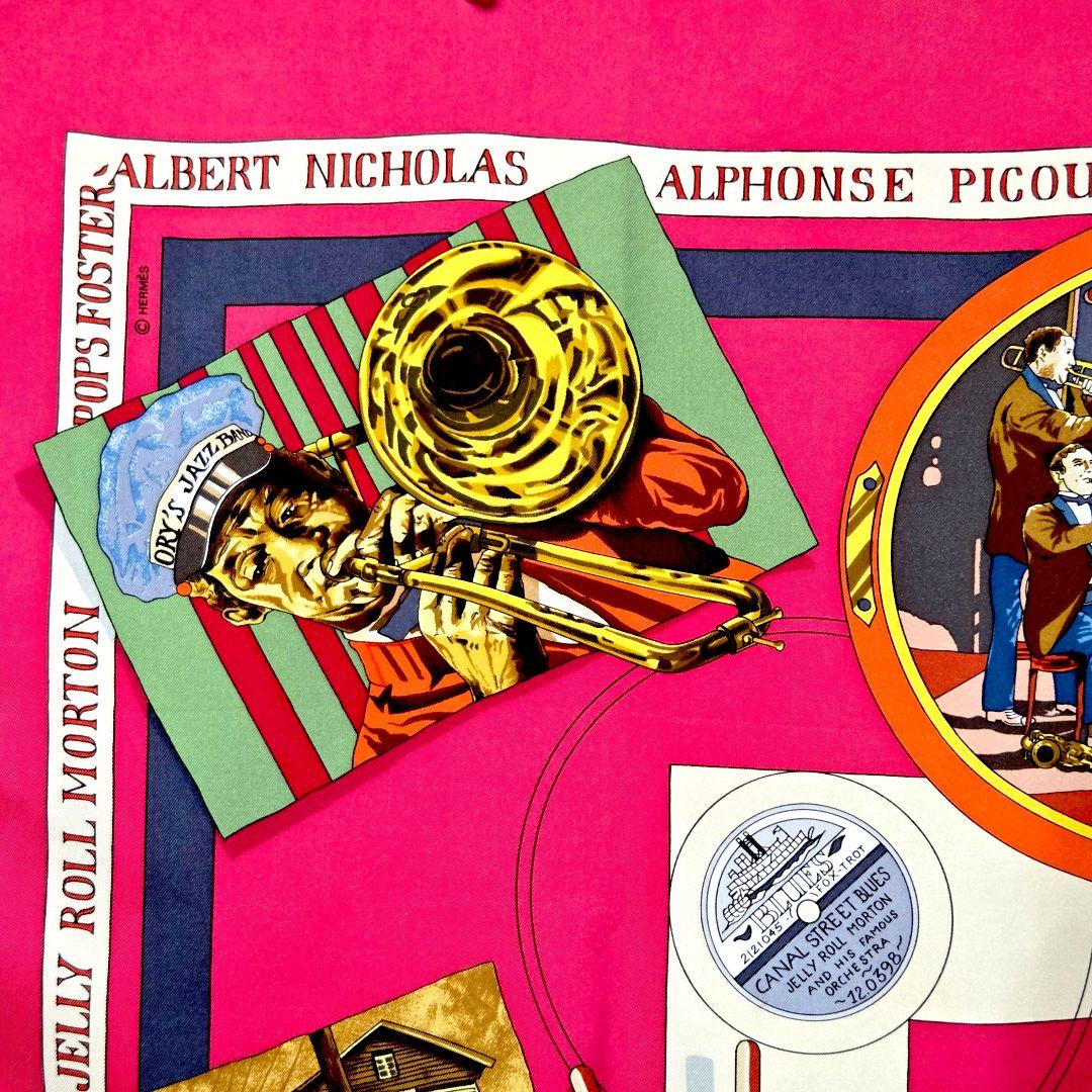 エルメス カレ90 スカーフ 音楽柄 New Orleans ピンク