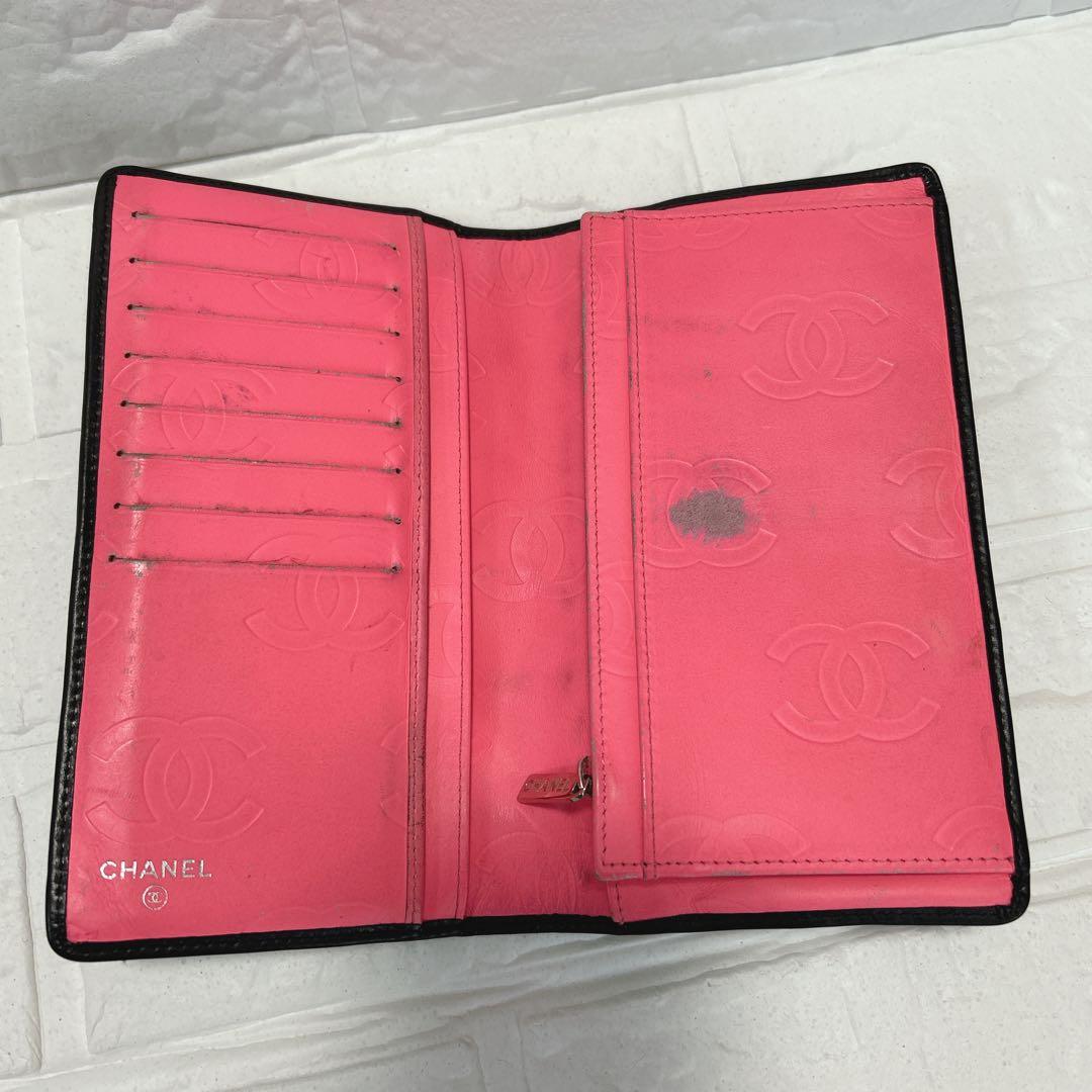 CHANEL 長財布 カンボン ラムスキン ココマーク 黒 ピンク キルティング