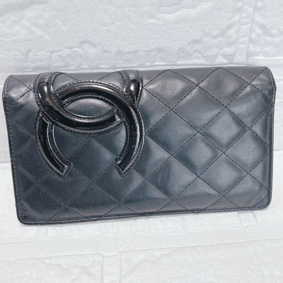 CHANEL 長財布 カンボン ラムスキン ココマーク 黒 ピンク キルティング