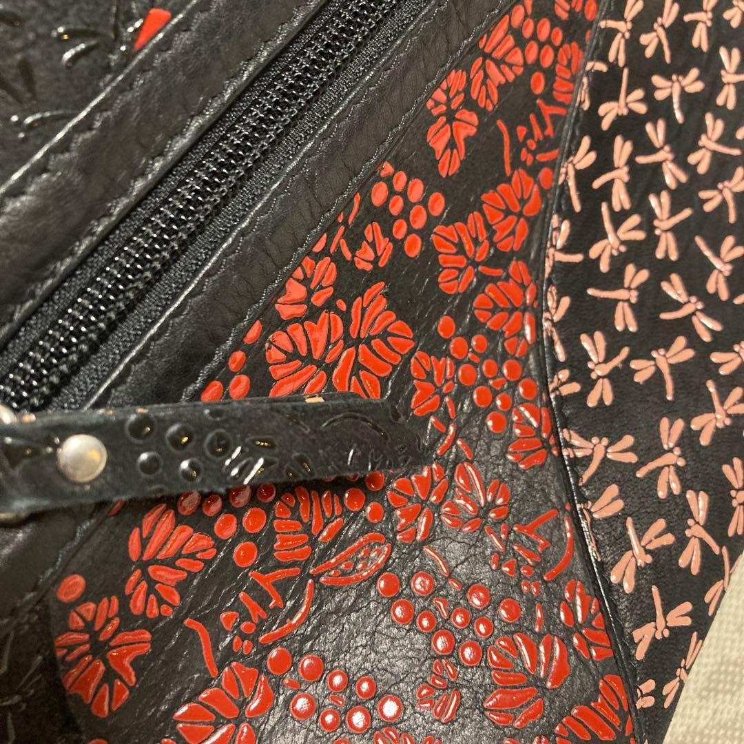 希少 印傳屋 ハンドバッグ JRA認定 鹿革 パッチワーク繋ぎ葡萄トンボ柄