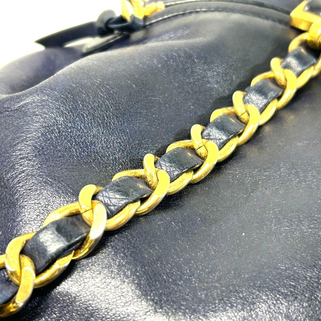 シャネル ココマーク ラムスキン レザー 巾着 ポーチ付 リュック ネイビー