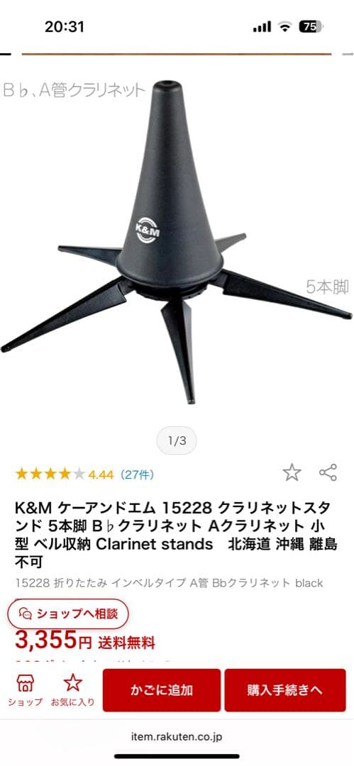 ヤマハクラリネットYCL-250　ケース、立てる器具付　アウトドア・野外演奏