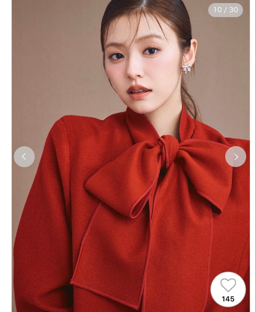 【新品】セルフォード　リボンストール付きノーカラーコート　RED 現行品　完売