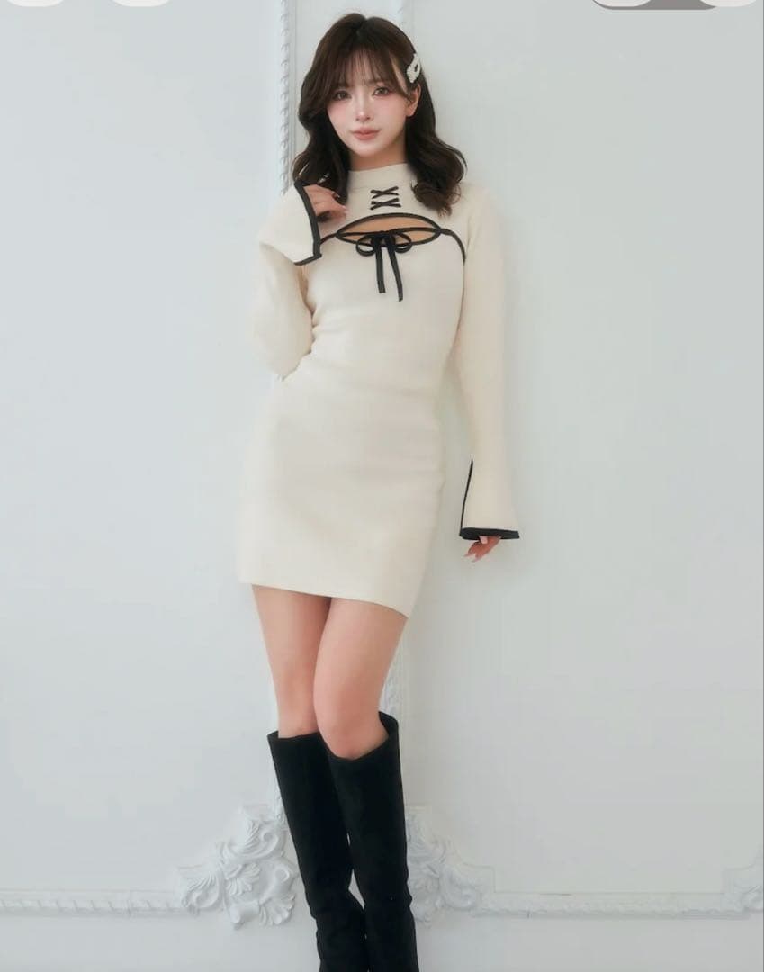 フロントオープンリボンニットミニワンピース