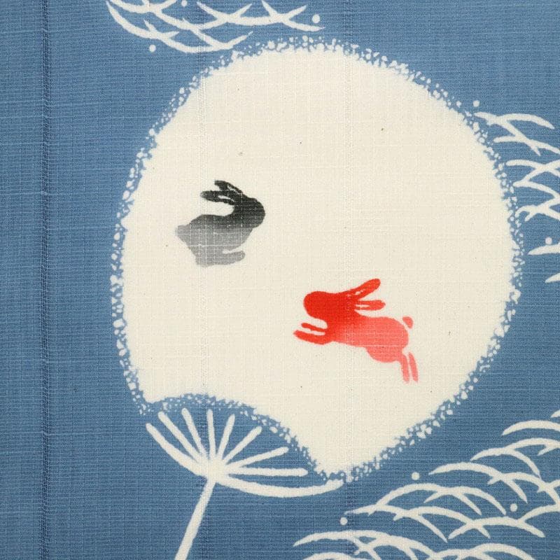 《綿麻紅梅◆浴衣反物■うちわにうさぎ露芝模様◆ブルー■夏着物■反25-35》