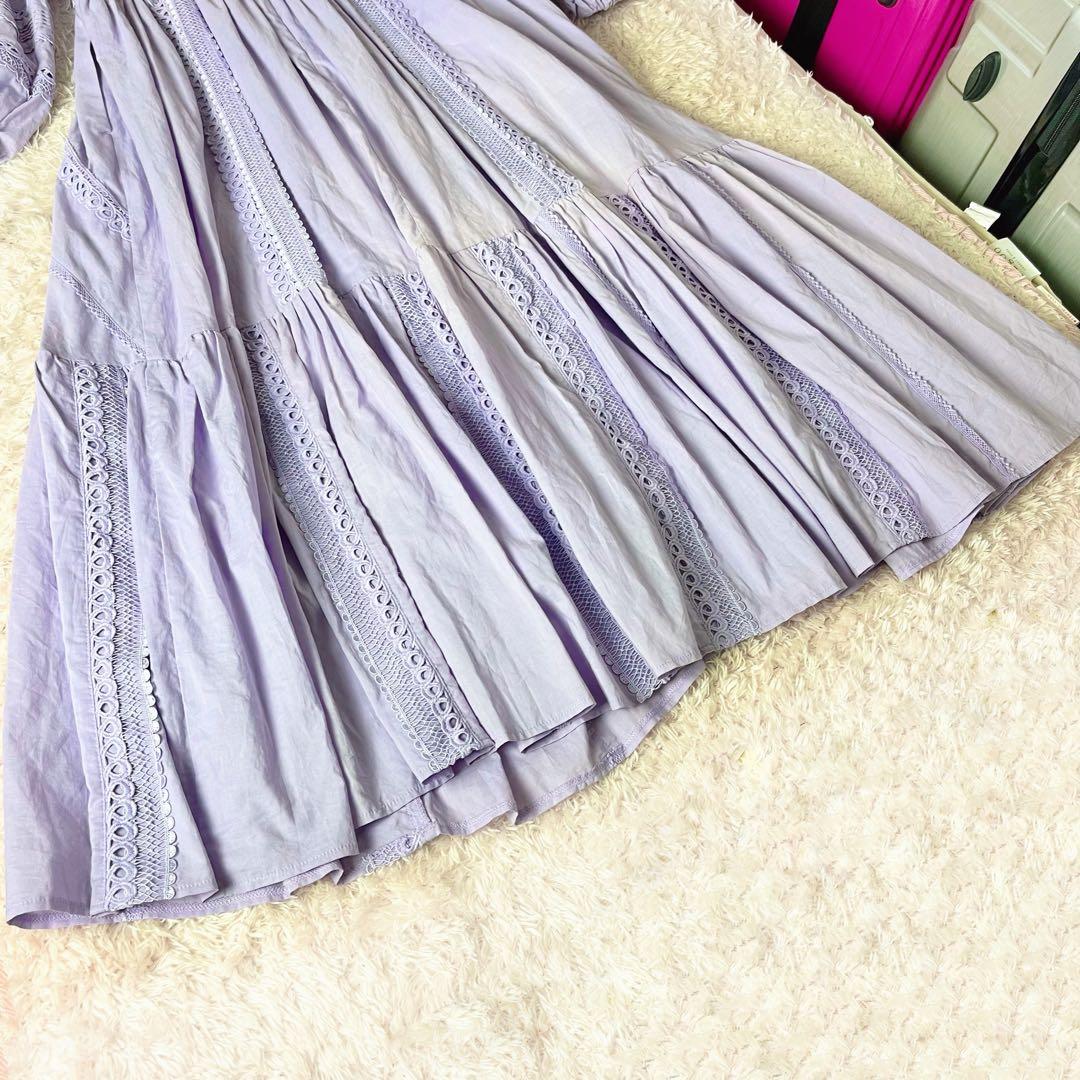エステラケー ロング ワンピース ティアード 刺繍 ベルト フレア ラベンダー