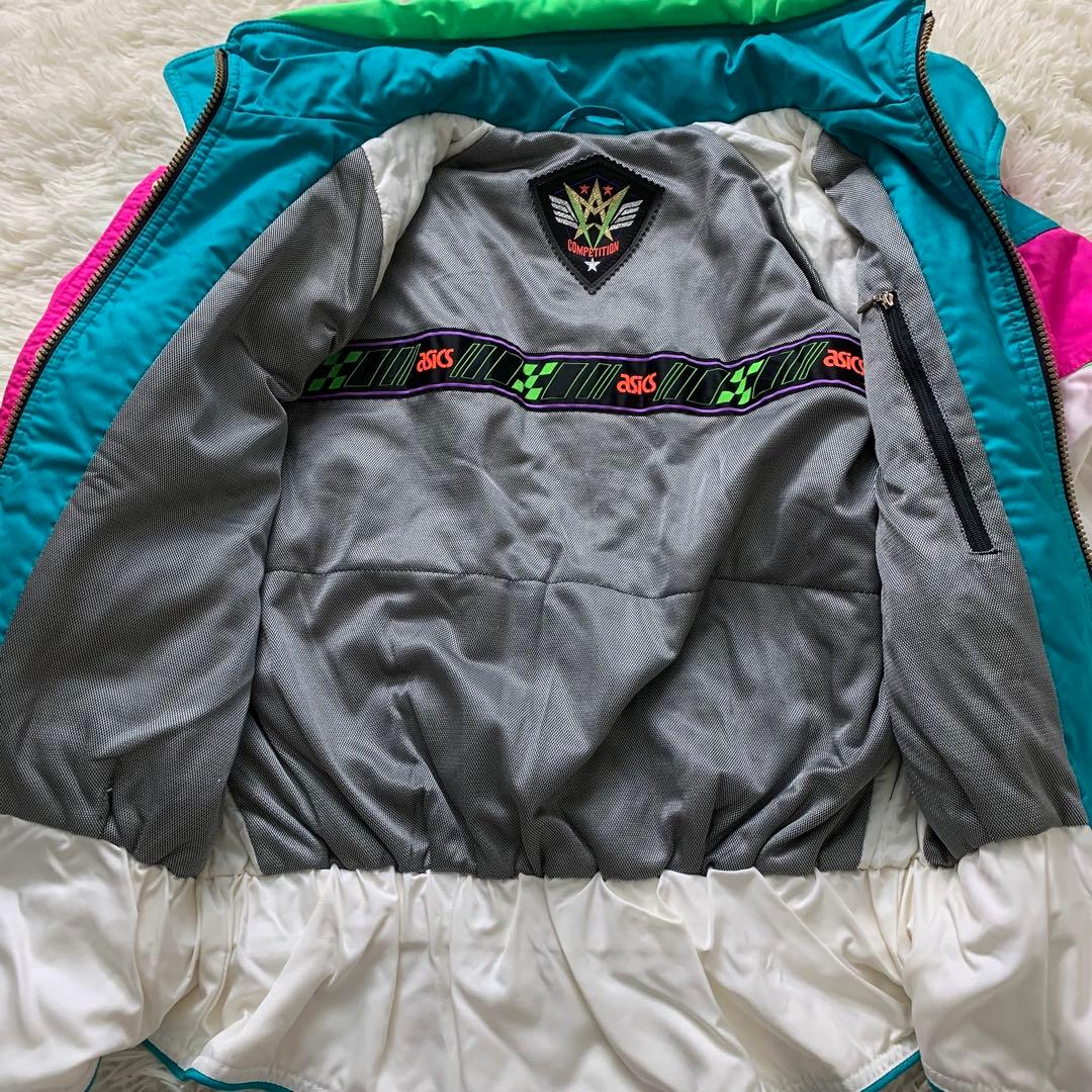 美品□アシックス レトロ スキーウェア ホワイト マルチカラー M