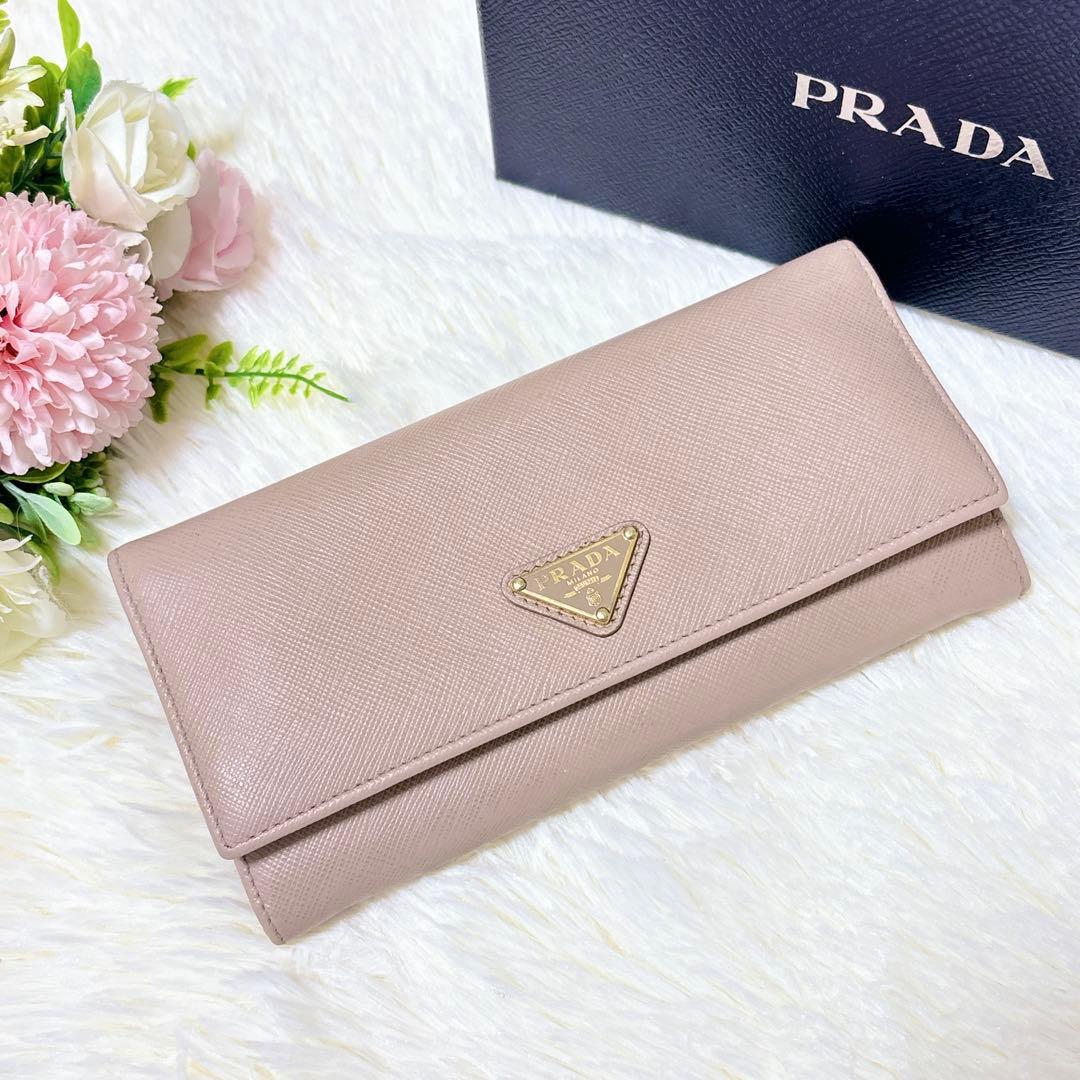 現行/美品✨PRADA サフィアーノレザー 三角ロゴ長財布 ピンクベージュ