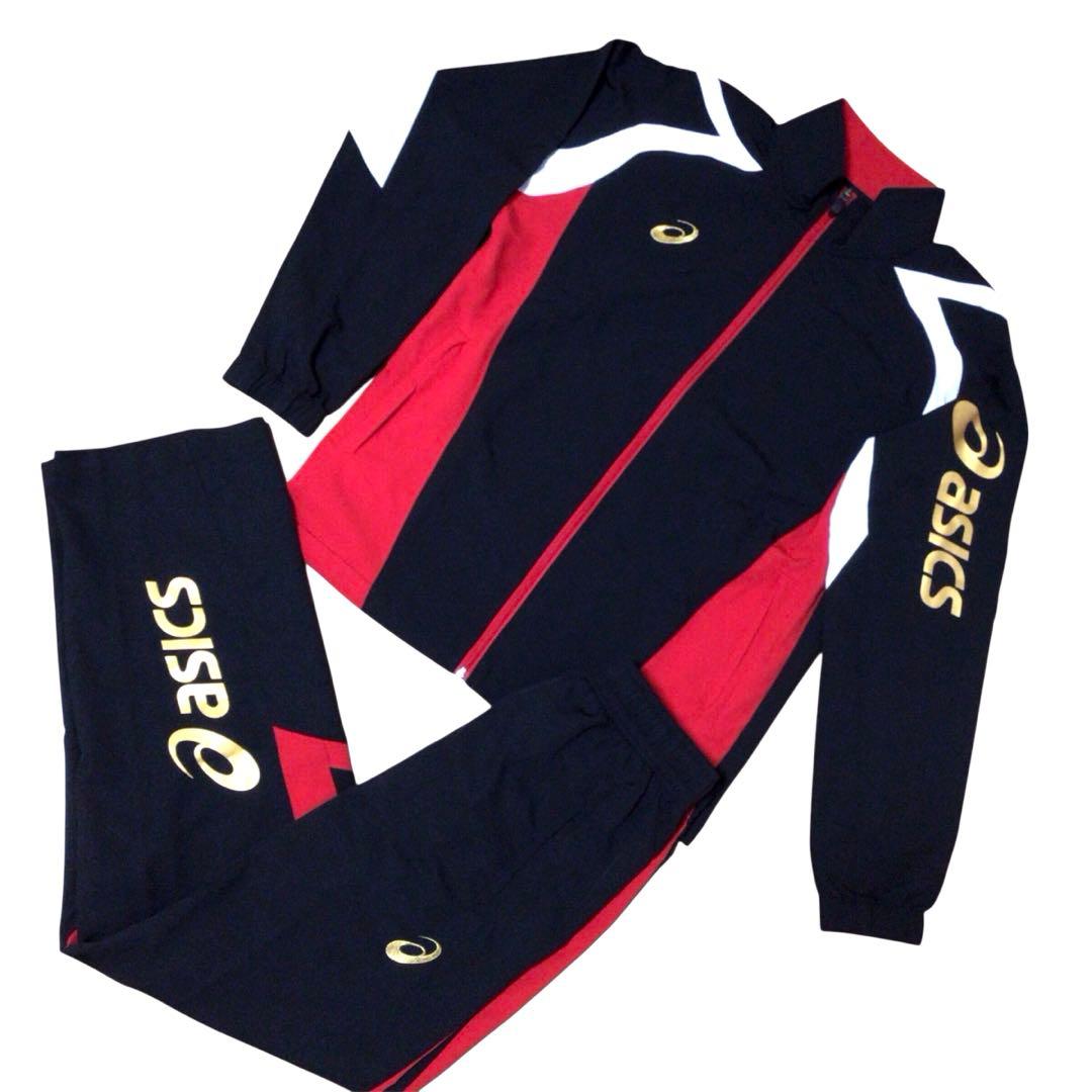 ASICS セットアップジャージ 上下セット 赤黒白金 S メンズ 美品