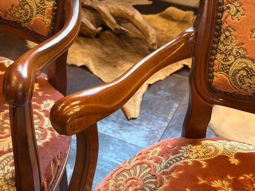 ヴィンテージ　ロココ　アームチェア　猫脚　クラシック　クラシカル　金華山織　IY