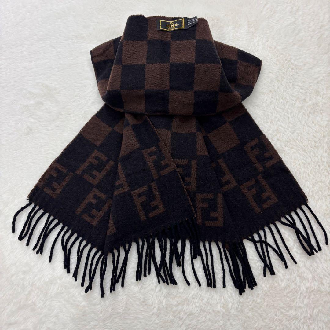 美品　フェンディ　ズッカ柄　マフラー　ウール　ブラウン ブラック　リバーシブル