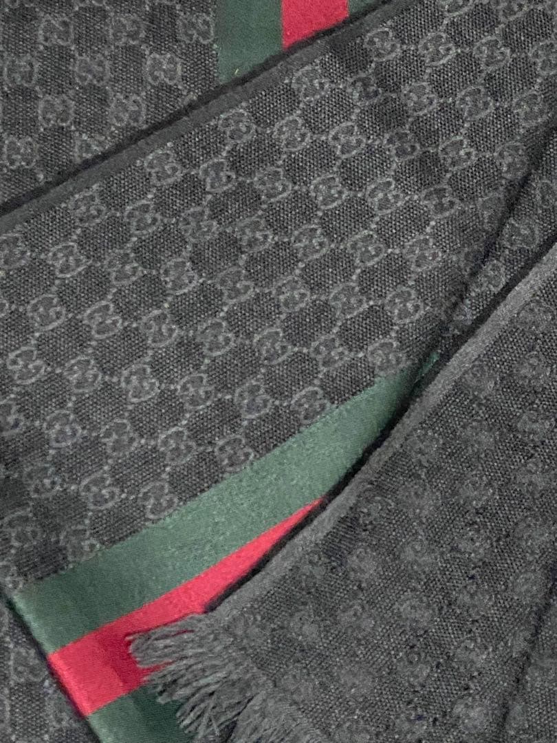 【王道】GUCCI GGパターン シルク混マフラー シェリーライン 黒 緑 赤