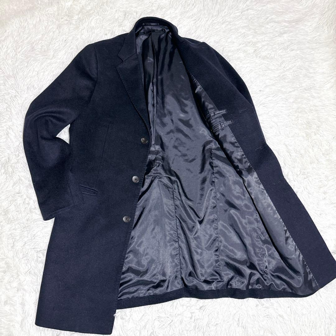 美品 UNIQLO カシミヤ混 チェスターコート ネイビー ロング丈 L