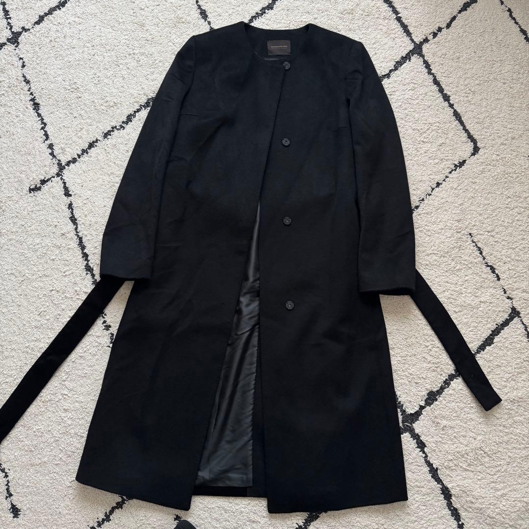 カシミヤ100 トゥモローランドコレクション　ノーカラーコート　ベルト　黒