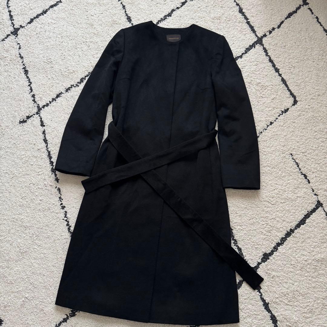 カシミヤ100 トゥモローランドコレクション　ノーカラーコート　ベルト　黒