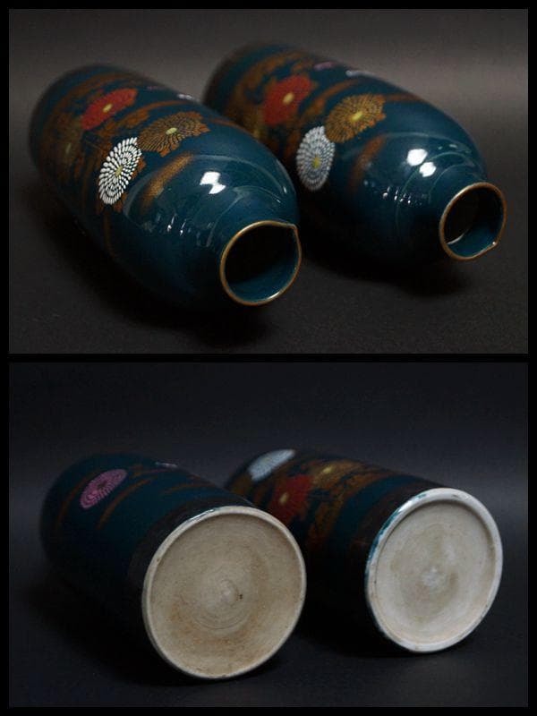 明治期 九谷焼名手 初代須田菁華造 金彩色盛絵『菊画』徳利(一対) 共箱 酒器