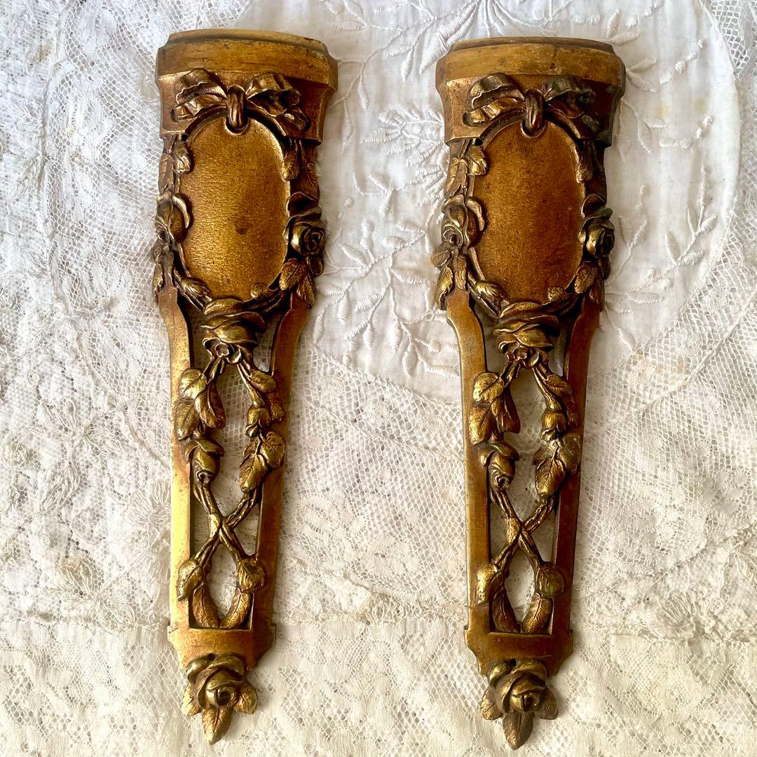 ローズ&リボンのオルモル装飾プレート②フランスアンティーク　家具金具パーツ　バラ