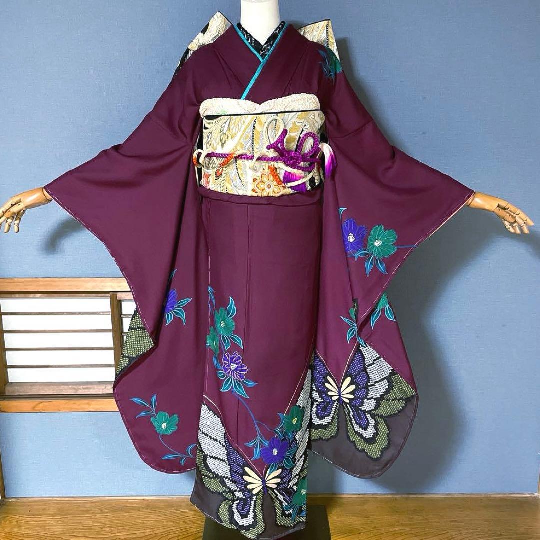 振袖フルセット　プラスサイズ友禅　成人式振袖　振袖　裄丈71 しつけ糸付き