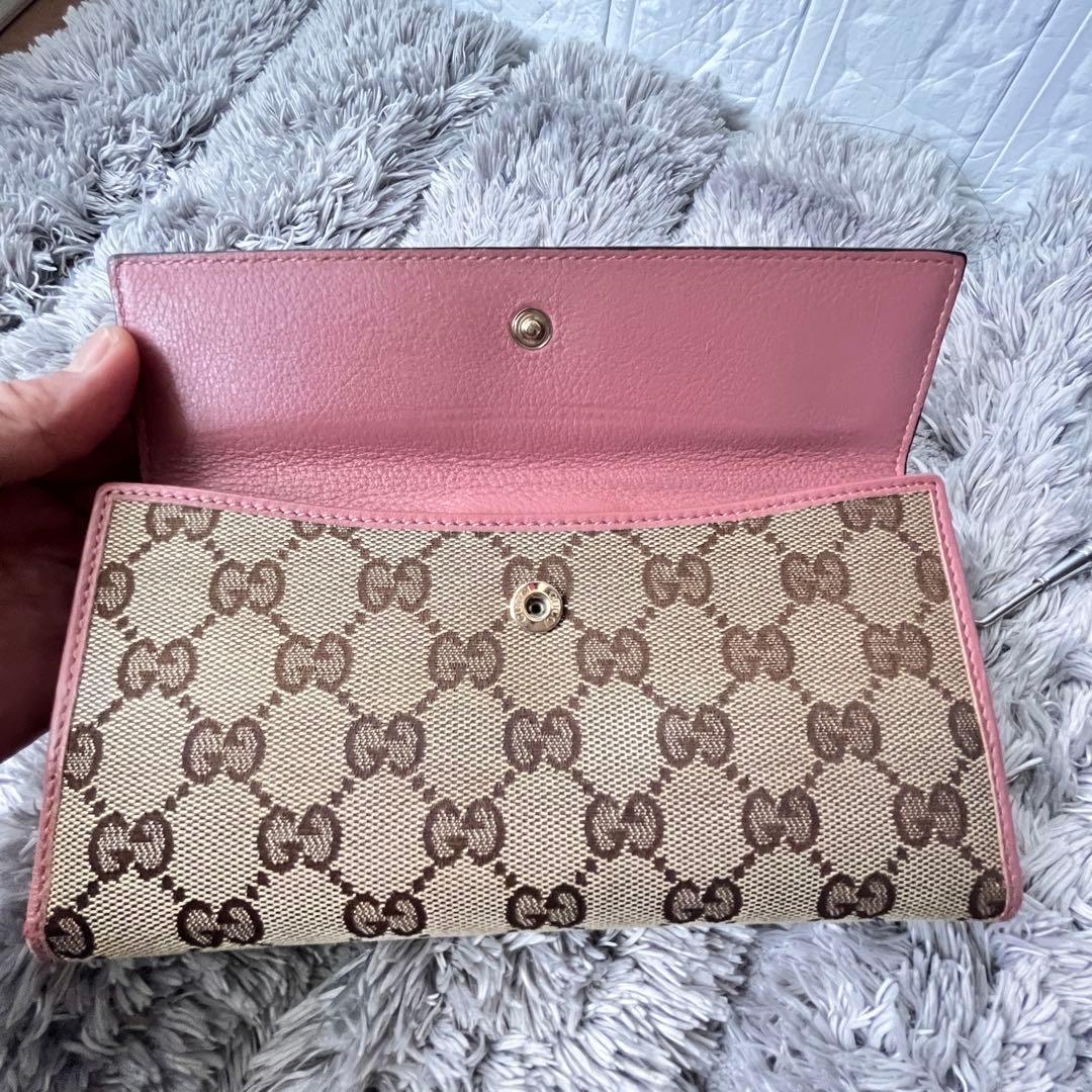 良品✨GUCCI GGキャンバス　長財布　ハート金具　Wホック　ピンクベージュ