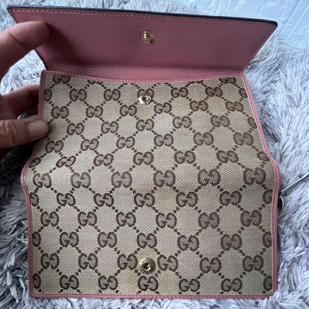 良品✨GUCCI GGキャンバス　長財布　ハート金具　Wホック　ピンクベージュ