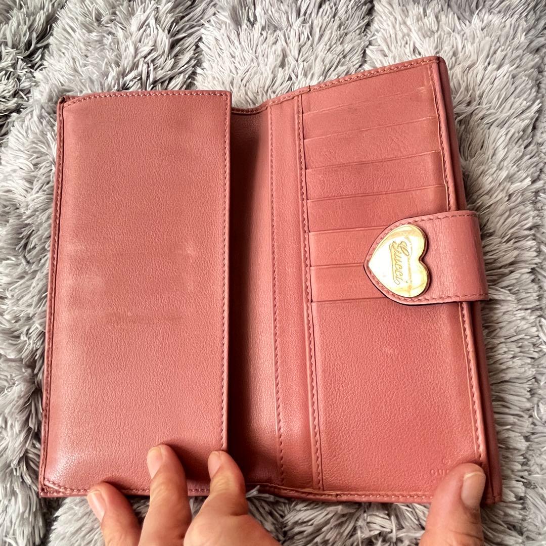 良品✨GUCCI GGキャンバス　長財布　ハート金具　Wホック　ピンクベージュ