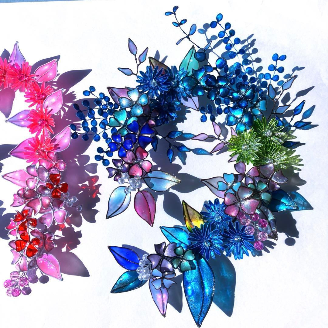 フラワーリース　ワイヤークラフト　ディップアート　青ボタニカルリース　アート