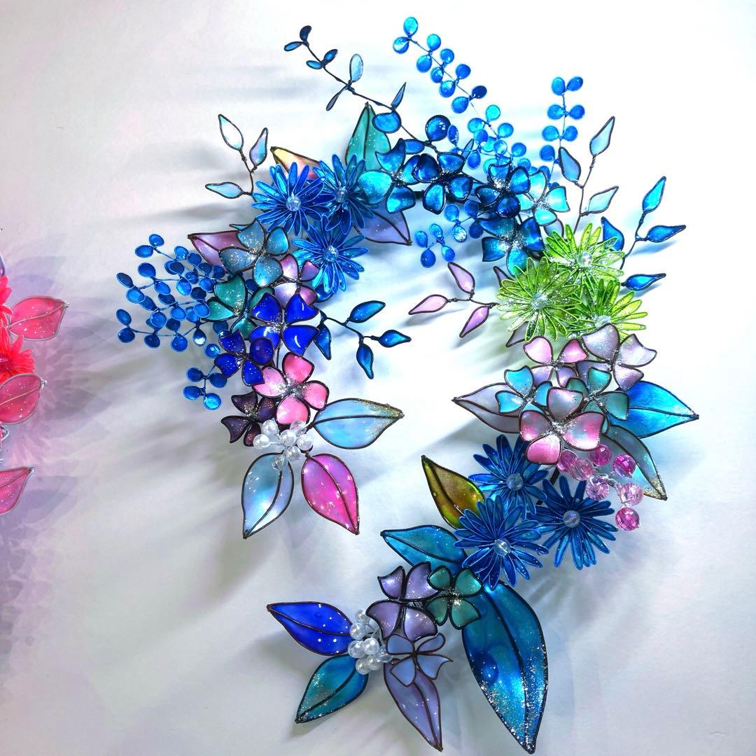 フラワーリース　ワイヤークラフト　ディップアート　青ボタニカルリース　アート