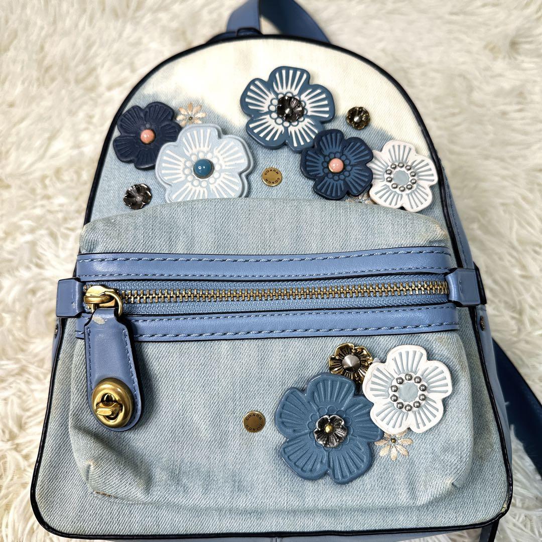 希少 COACH コーチ ティーローズ デニム ターンロック リュック フラワー