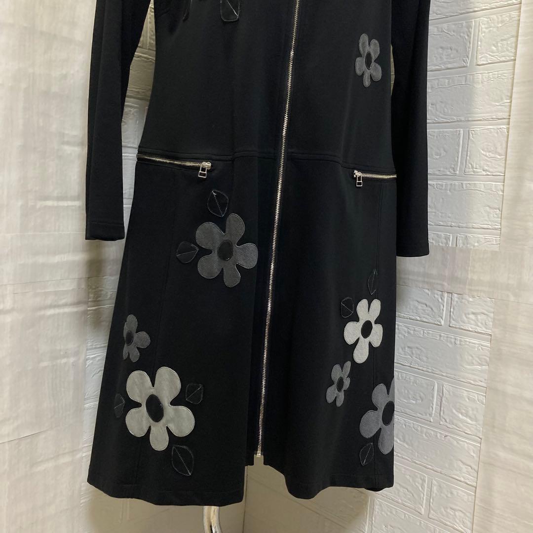 【美品】　Bel Paci 黒ロングコート　Lサイズ　お花アップリケが可愛い